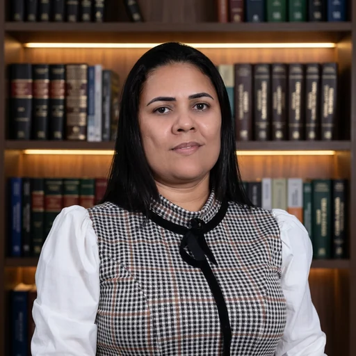 Dra. Elizaine Teixeira diante de uma estante de livros